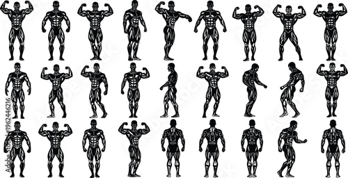 Black bodybuilder silhouette collection with various muscle flexing poses for fitness branding gym posters bodybuilding competitions athlete motivation and professional gym vector illustrations