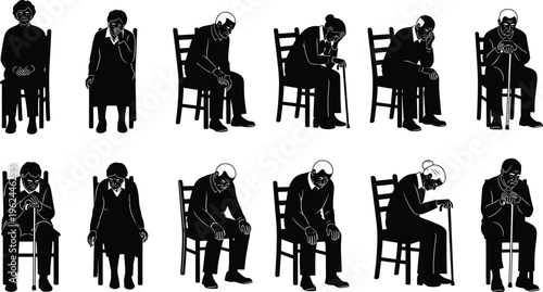 Black silhouette collection of sad elderly men and women sitting on chairs for senior health care loneliness grief and aging professional human vector illustrations