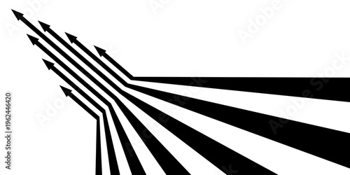 Black on white abstract perspective line stripes arrow with 3d dimensional effect isolated on white.	