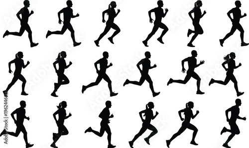 Men and women running silhouette collection with various jogging poses for marathon racing athletic training fitness workout healthy lifestyle and sports vector