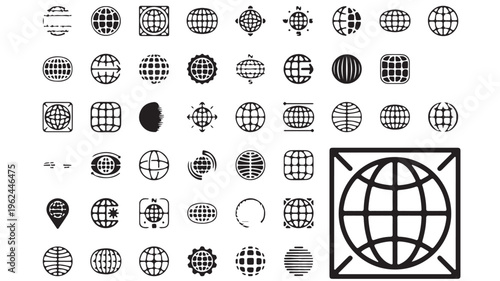 Globe Icons, World Map Symbols, Black Grid Earth Logos, 40 Vector Globe Illustrations