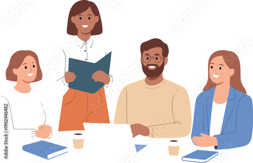 Happy business colleagues working together at desktop computer in office, professional corporate team collaboration portrait vector illustration