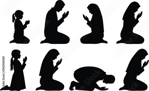 Muslim family silhouette praying together with man woman and child in various Islamic prayer positions for Ramadan Kareem religion faith and spiritual concepts vector
