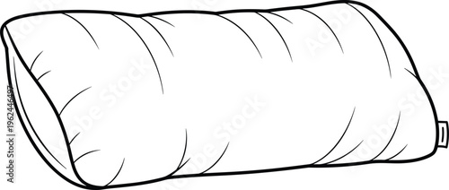 Black and white vector illustration of sleeping bag in rolled position with stitching details, minimal line drawing design for camping, outdoor gear, and educational projects