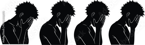 Sad and depressed man silhouette collection covering face with hands for mental health awareness loneliness grief stress anxiety and psychological problems vector