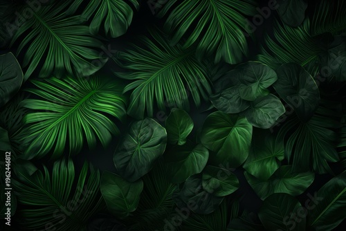 Tropical green leaves and palm fronds forming a dark natural botanical background texture