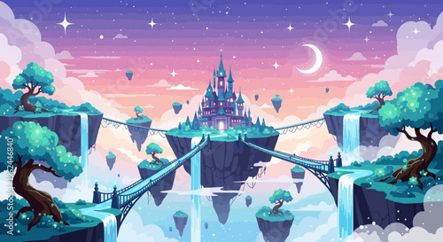 fantasy castle on floating islands with bridge and trees at sunset