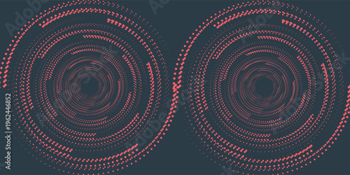 Circular Halftone Pattern Concentric Circles Frame Vector Red Black Colour Abstract Background. Mod Minimalist Art Half Tone Graphics Rippled Structure. Retro Futurism Technology Art Illustration