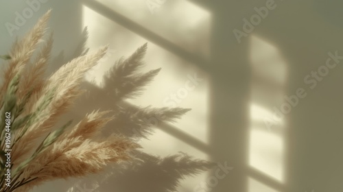 A serene interior scene with pampas grass in front of a window with natural light