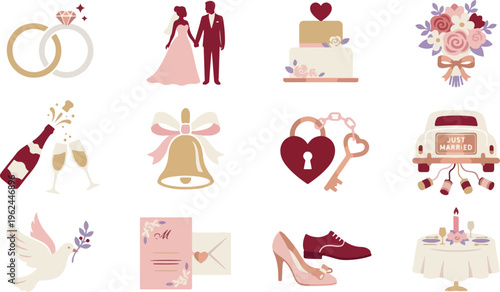 Compilation of twelve vectorized wedding icons includes rings, a bride and groom, a cake a bouquet champagne a bell a heart shaped lock with key a just married car a dove a wedding invitation