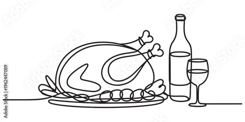 Thanksgiving dinner setup with roasted turkey, wine bottle, and glass
