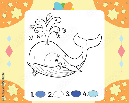 A charming whale spouting water is presented in this delightful color by number design, inviting children to enjoy a creative activity that teaches number identification and color application.