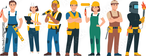 Set of construction workers characters, men and women builders wearing uniform safety vest and helmet professional occupation vector illustration