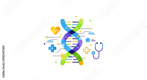 DNA Helix with Medical and Technology Symbols for Genetic Healthcare & Digital Medicine Illustration