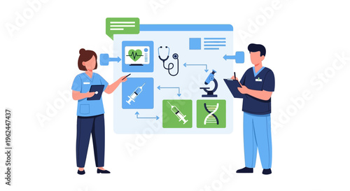 Healthcare Professionals Managing Medical Data and Research Workflow with Digital Tools - Vector Illustration