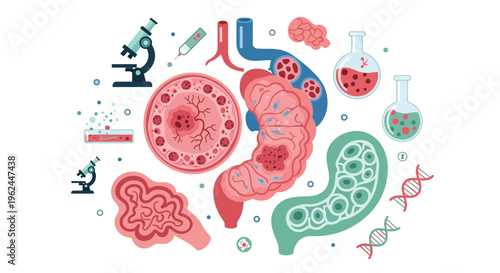 Medical & Biological Research Illustration: Human Anatomy, Cellular Processes, DNA, Organs, and Laboratory Diagnostics