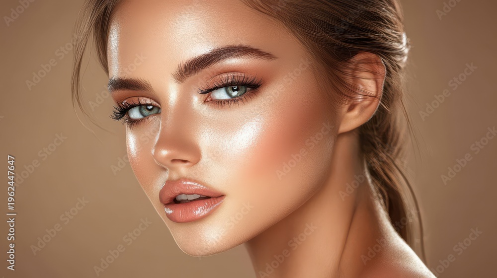 Fototapeta premium Radiant Beauty: A Portrait of Flawless Skin and Mesmerizing Green Eyes