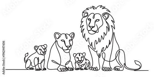 Lion family illustration, lioness and cubs with big male lion
