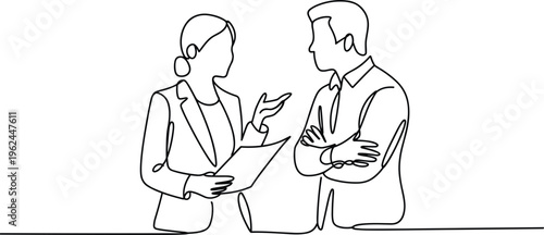 Continuous one line drawing of business people talking, professional colleagues discussing work project office vector