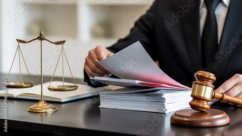 Lawyer reviewing documents with brass scales and gavel on desk
