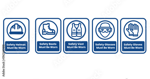 Blue safety signs icons for personal protective equipment requirements  helmets boots vests glasses gloves