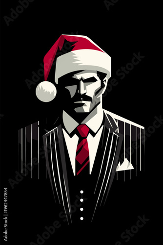 Mafia Gangster Man in Santa Hat Christmas Vector Illustration