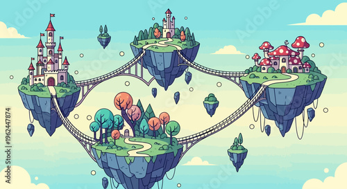 whimsical floating islands with castle bridge trees and mushrooms fantasy illustratio