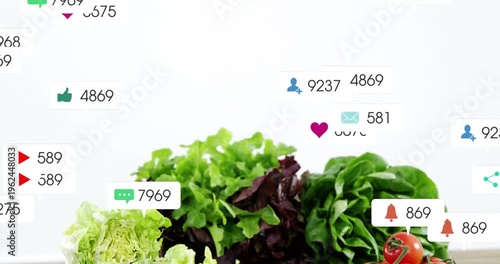 Notification icons appearing, lettuce, tomatoes attracting badges and counters, showing food buzz