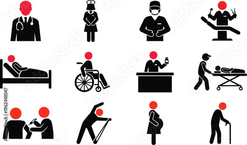 Collection of medical iconography depicts healthcare professionals doctors nurses and dentists alongside patients in beds wheelchairs pregnant women elderly people receiving injections and dental