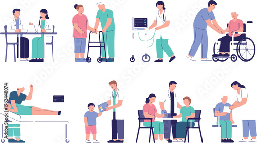 Healthcare concept scene collection with doctor and patient consultation ultrasound scan and elderly caregiving vector illustration set