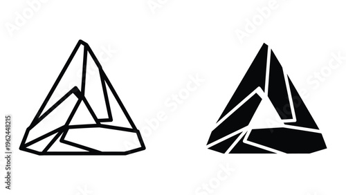 Two contrasting geometric depictions of a triangular logo with internal structures.