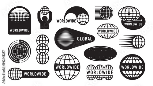 Global, Worldwide, Earth, Globe Icons Set, Black and White Vector Graphics