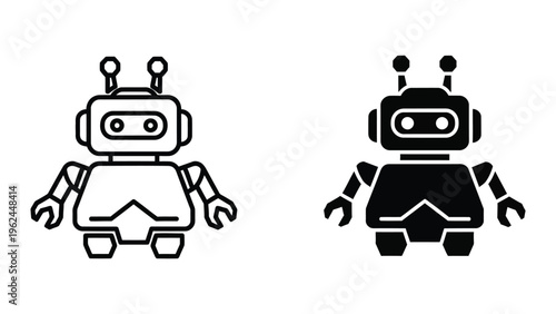 Contrasting robotic figures in black and white line art styles