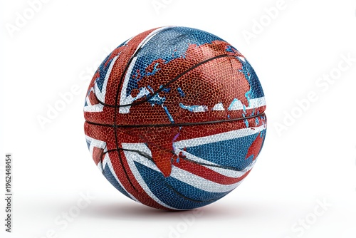 A basketball artfully adorned with a Union Jack design and a world map, symbolizing the global reach and unity of sports.