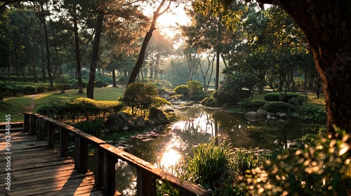 Serene Sunrise Over Tranquil Japanese Garden Pond  Wooden Bridge.