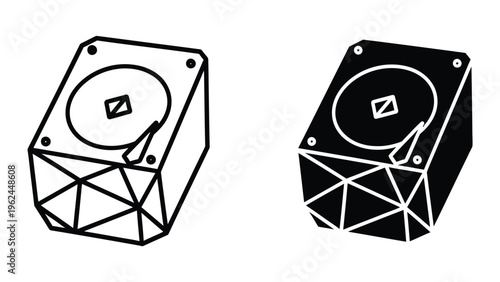Contrasting hard drive cases depicted in black and white with transparent structural design