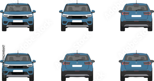 Blue city car collection showing different angles of family hatchback vehicle isolated on white background vector illustration