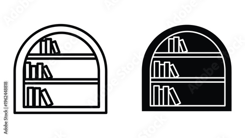 Contrasting styles of bookshelf designs with an arch shape in black and white