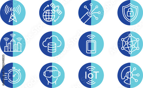 Collection of twelve blue and cyan icons representing various technology concepts and digital services.