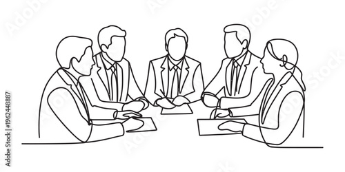 business people meeting around a table in a line drawing style