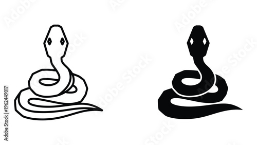 Contrasting line art depictions of serpentine creatures in opposing fill styles