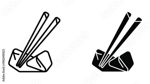Contrasting black and white chopsticks and food containers illustration