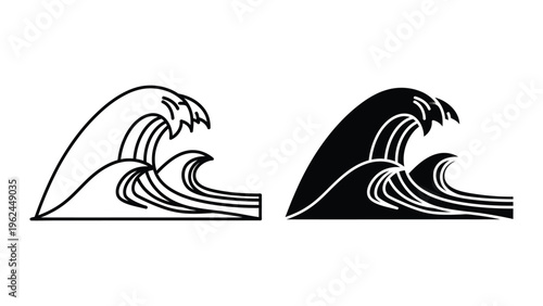 Contrasting styles of wave illustrations in black and white