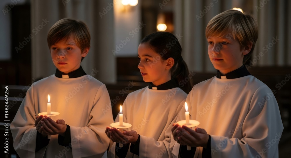 Obraz premium Three children holding candles in church during Christian ceremony. Easter vigil and Good Friday tradition for Christian faith.
