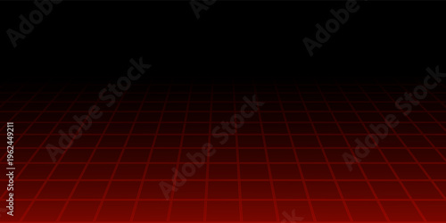 Red glowing neon wireframe background. Shining diagonal checkered grid planes in perspective. Retro futuristic depth wallpaper. Arcade game sci fi matrix surface backdrop for poster, banner. Vector