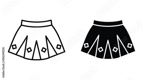 Contrasting sketches of traditional skirts with embroidered patterns and diamond accents