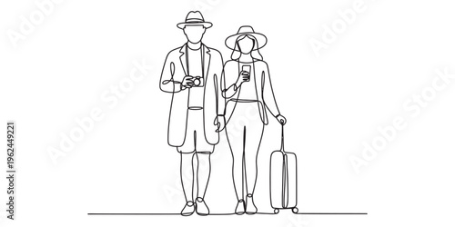 couple traveling together with luggage and map