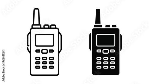 Two walkie-talkie devices depicted in contrasting line styles for visual comparison
