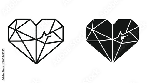Geometric heart shapes with electrocardiogram lines inside them in contrasting styles