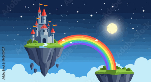 fantasy castle on floating island with rainbow and moon at night